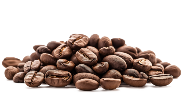 A pile of coffee beans on a white background