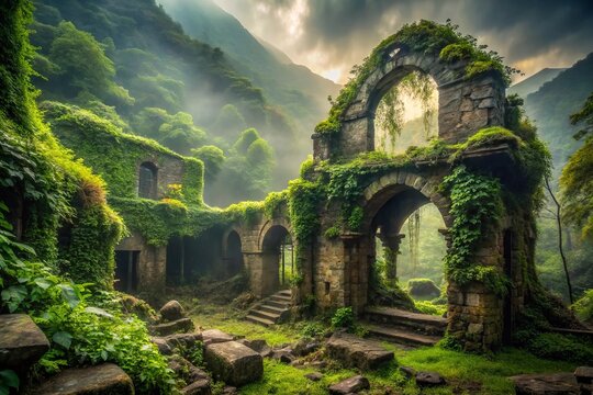 Ancient ruins of a mysterious, crumbling structure overgrown with vines and moss, surrounded by a serene, misty