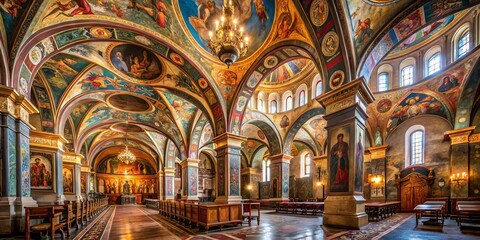 Obraz premium Ancient stone church interior features a majestic barrel-vaulted ceiling adorned with ornate frescoes, showcasing