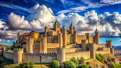 Fototapeta premium Ancient stone citadel with crenellated walls and towers stands majestically against a vibrant blue sky with puffy white
