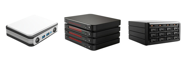 Fototapeta premium A set of NAS Network Attached Storage Isolated in a Transparent Background