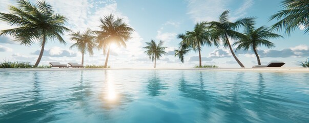 Fototapeta premium Tropical Beach Paradise with Sandy Shoreline, Palm Trees, and Clear Blue Water Under a Sunny Sky