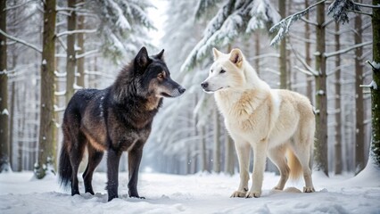 Fototapeta premium Two wolves, one black as coal, the other white as snow, confront each other in the frozen wilderness,