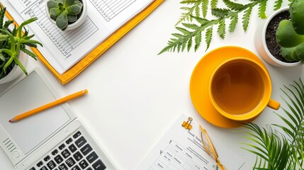 Modern Business Workspace with Yellow Accents and Greenery on White Background - Laptop, Documents, Coffee, and Plants