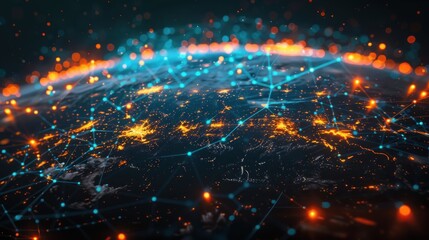 Fototapeta premium A minimalistic 3D render of a digital globe with connected nodes with bright, cheerful colors and ambient lighting, featuring a sleek design and global communication elements.