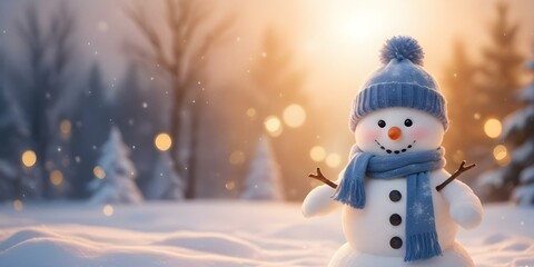 A cheerful snowman wearing a blue scarf and hat is standing in a snowy winter landscape with blurred lights in the background.