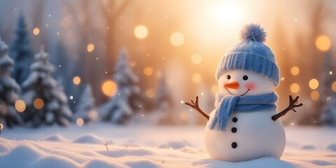 A cheerful snowman wearing a blue scarf and hat is standing in a snowy winter landscape with blurred lights in the background.