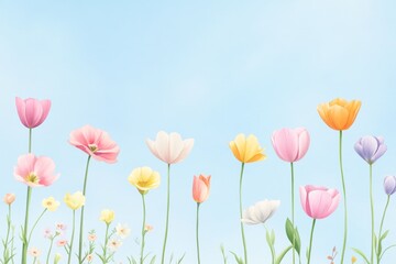 Fototapeta premium Colorful tulips sway gently under a blue sky, creating a vibrant garden scene perfect for springtime themes and floral designs.