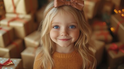 Fototapeta premium A smiling blonde girl with a large glittery bow on her head, surrounded by wrapped Christmas presents in soft lighting, evoking a festive holiday mood