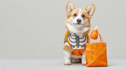 Corgi dog in a skeleton costume holding a trick-or-treat bag, isolated background, Halloween theme