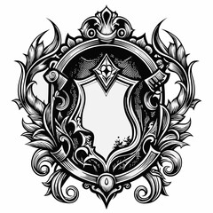 Ornate Black and White Heraldic Shield Design with Intricate Floral Patterns