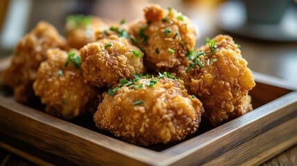 Close-up of golden crispy fried chicken pieces on a wooden tray