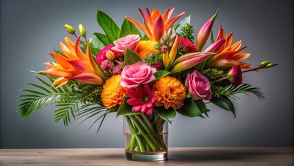 Fototapeta premium Vibrant pink and orange tropical flowers arranged in a dainty vase on a neutral background, creating a pop