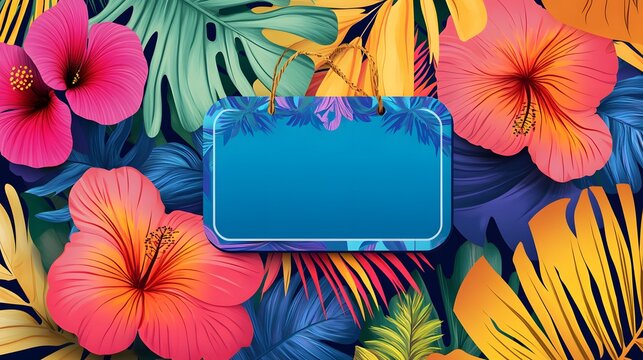 Vibrant tropical background featuring colorful flowers and foliage with a blank blue sign for your text or design needs.