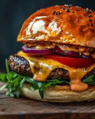 Juicy burger with melted cheese and fresh vegetables, close-up view