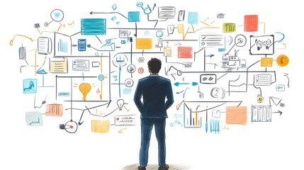 Businessman Standing Before a Whiteboard Filled with Hand-Drawn Diagrams and Charts