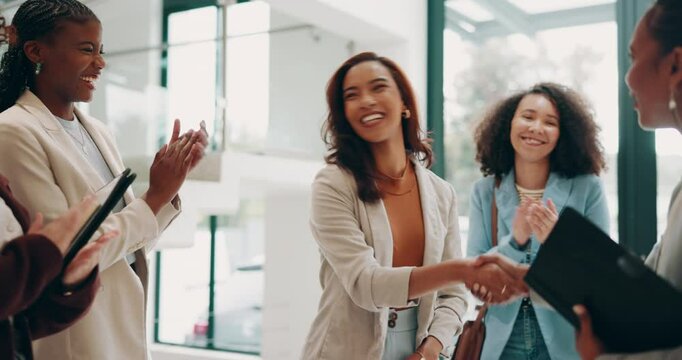 Business women, handshake and partnership with applause, agreement or welcome for promotion. People, employees and colleagues in onboarding for new hire, negotiation and meeting in company or office