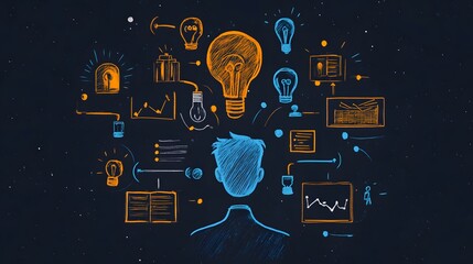 Person Surrounded by Light Bulbs and Business Ideas in a Dark Night Sky