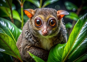 Fototapeta premium A nocturnal colugo glides through a misty Southeast Asian rainforest, its large eyes shining bright, as it searches