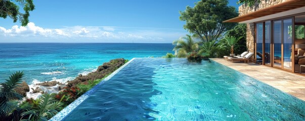 Obraz premium Luxurious Oceanfront Villa with Infinity Pool Overlooking Crystal Clear Waters and Tropical Landscape