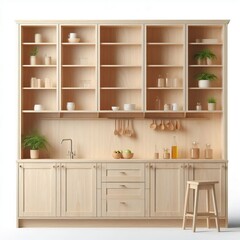 shelves with bottles and ceramics