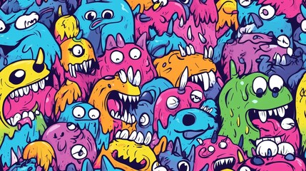 Colorful Monster Doodles Seamless Pattern - Fun and Whimsical Cartoon Creatures in Vibrant Colors for Kids and Creative Designs