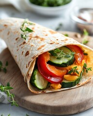 Juicy gluten-free food including a fresh vegetable wrap with a gluten-free tortilla, garnished with herbs