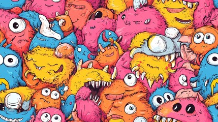 Fototapeta premium Colorful Monster Doodles Seamless Pattern - Fun and Whimsical Cartoon Creatures for Kids' Designs, Fabrics, and Wallpapers