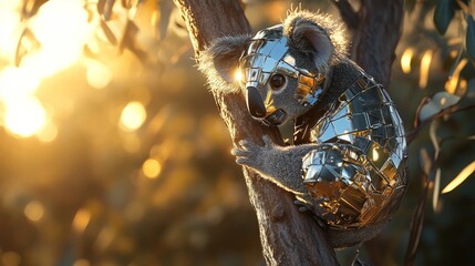 Fototapeta premium Metallic Robotic Koala Embracing Futuristic Tree in Sunset Glow