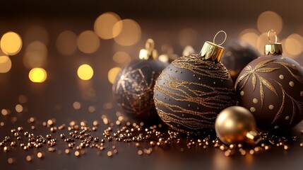 Luxurious chocolate ornaments with gold accents on a rich brown background, reflecting the indulgence of the holiday season, photorealistic, high detail