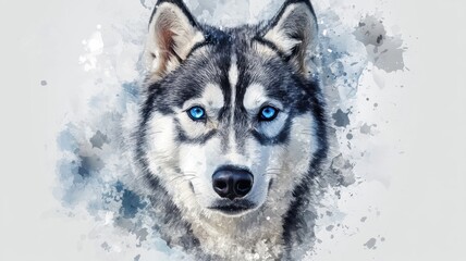 Siberian Husky illustrated in watercolor style, capturing its striking blue eyes and fluffy coat with soft, blended colors.