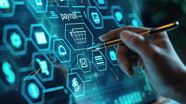 Hand holding pen to touch virtual technology Payroll, Financial Icon, Concept of Modern Payroll Management Systems