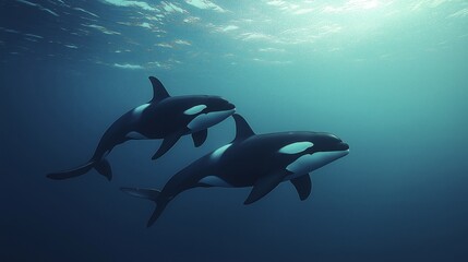 Fototapeta premium Two orcas swimming gracefully in the deep blue sea, illuminated by gentle rays of light from the surface, creating a tranquil and serene underwater scene