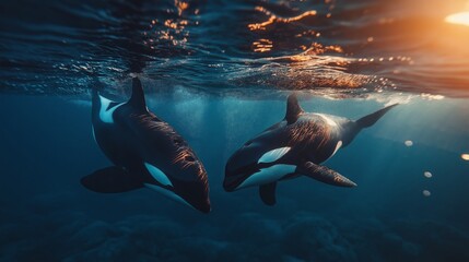 Obraz premium Two orcas swimming gracefully underwater at twilight with soft rays of sunlight piercing through the ocean, creating a magical and peaceful marine scene