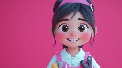 A cheerful animated girl in a pink background, holding tools and smiling brightly.