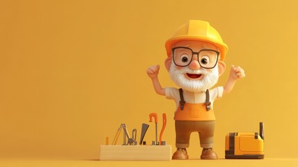 A cheerful cartoon character with tools, ready for construction work.
