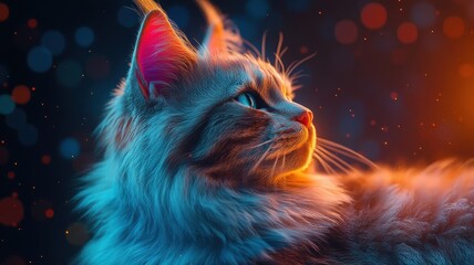 Maine Coon cat represented in stylized 3D form, with exaggerated features and vivid colors creating a bold visual impact.