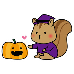 Obraz premium ハロウィンでジャック・オー・ランタンに触る魔女の仮装をしたリス