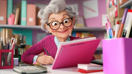 A cheerful elderly woman drawing in a colorful office setting.