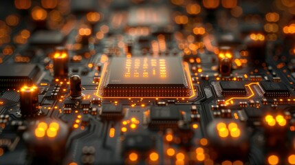 Obraz premium High-Tech Futuristic Background with Glowing Circuit Board and Microchip Elements in a Modern Digital Landscape
