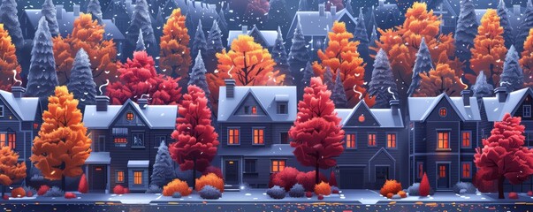 Charming Suburban Neighborhood with Snow-Covered Houses and Vibrant Autumn Foliage - Real Estate Concept