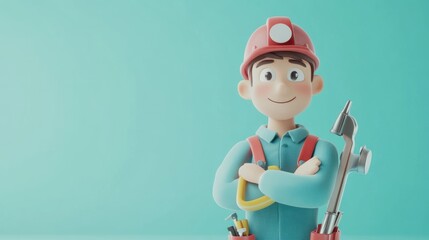 A cheerful cartoon character in a hard hat with tools, symbolizing construction or repair work.