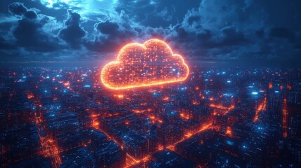 IT services advertisement concept showing a futuristic cityscape connected by digital lines and cloud icons symbolizing global connectivity and tech solutions.