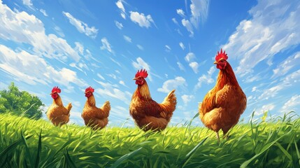 Free-range chickens roaming a grassy field under a bright blue sky