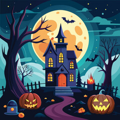 Halloween background a spooky night scene featuring a Halloween house with full moon. Generative AI.