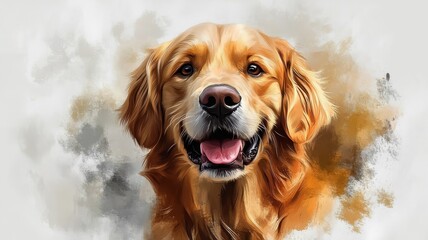 Golden Retriever illustrated in watercolor style, capturing its friendly expression and fluffy coat with soft, flowing brushstrokes.