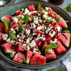 Juicy watermelon salad with feta cheese, mint leaves, and balsamic glaze, fresh and colorful