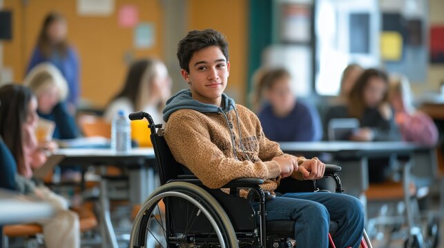 Student in a wheelchair participating in a classroom discussion, - Powered by Adobe
