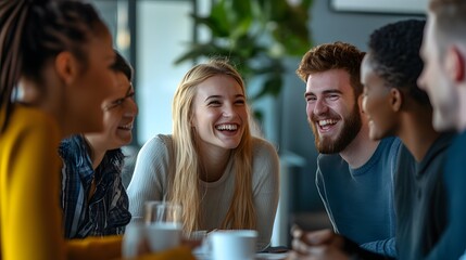 Fototapeta premium Group of Diverse Friends Laughing Together Around a Table