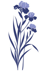 A stylized illustration of three purple irises with long, slender leaves.
